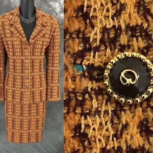 BEAUTIFUL St John collection knit tan brown multi jacket skirt suit size 8